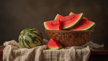 Fresh watermelon slice, a sweet, juicy, and refreshing summer snack generated by artificial intelligenceの素材