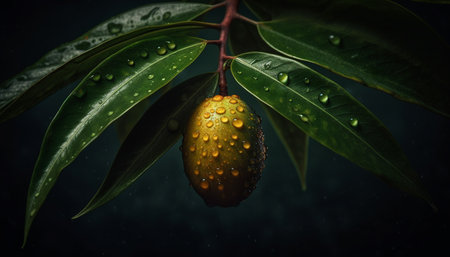 Fresh green leaves glisten with dew, nature organic growth generated by artificial intelligenceの素材