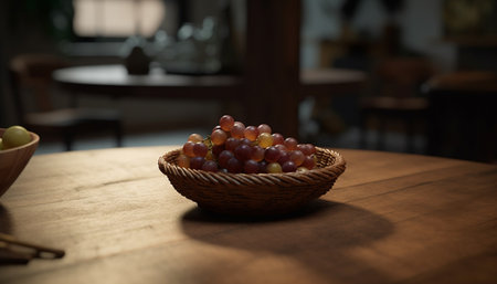 Wooden table, fresh fruit bowl, rustic vase, gourmet dessert, old fashioned elegance generated by artificial intelligenceの素材