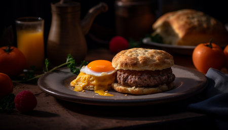 Freshness on a plate: grilled meat, homemade burger, rustic bread generated by artificial intelligenceの素材