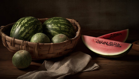 Freshness of nature harvest, a table adorned with healthy, organic fruits generated by artificial intelligenceの素材