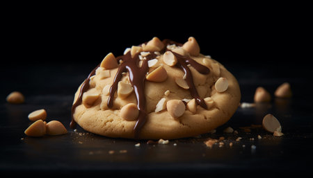 Freshly baked homemade chocolate chip cookies on a rustic wooden table generated by artificial intelligenceの素材