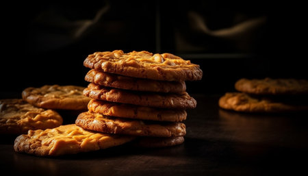 Freshly baked homemade chocolate chip cookies on a rustic wooden table generated by artificial intelligenceの素材