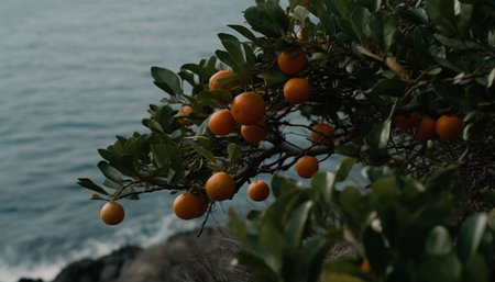 Freshness of nature bounty: ripe citrus fruit on green branches generated by artificial intelligenceの素材