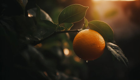 Freshness of nature bounty: ripe citrus fruit, green leaves, healthy eating generated by artificial intelligenceの素材