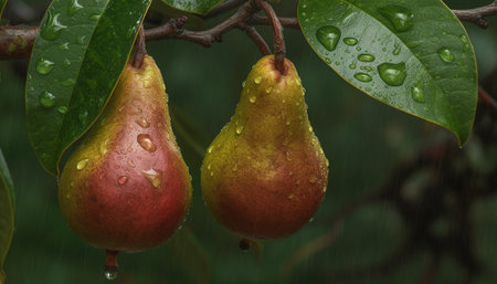 Freshness of nature growth, wet leaves, ripe fruit, healthy eating generated by artificial intelligenceの素材
