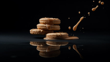 Stack of gourmet desserts reflects freshness in dark liquid drop generated by artificial intelligenceの素材