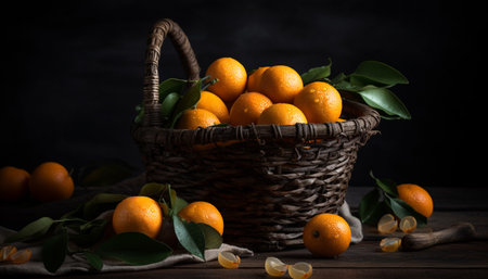 Freshness of organic citrus fruit in a rustic wicker basket generated by artificial intelligenceの素材