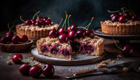 Homemade berry tart on a rustic wood table, fresh and sweet generated by artificial intelligenceの素材