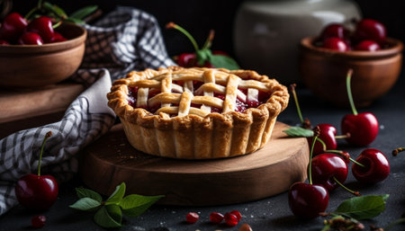 Freshness and sweetness on a rustic wood table, homemade berry dessert generated by artificial intelligenceの素材