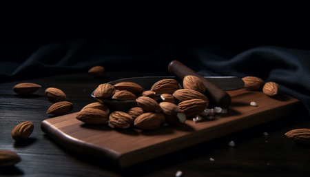 Wooden table, healthy eating, fresh fruit, gourmet snack, organic almond generated by artificial intelligenceの素材