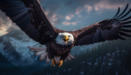 Majestic bird of prey soaring in nature tranquil winter beauty generated by artificial intelligenceの素材