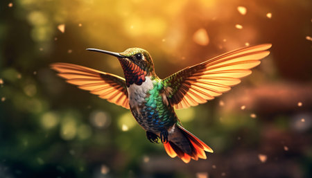 Hummingbird hovers, spreads vibrant wings, pollinates, illuminates nature beauty generated by artificial intelligenceの素材