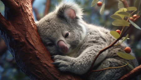 Cute koala on branch, looking at camera, in nature generated by artificial intelligenceの素材