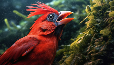Beautiful macaw perched on branch, its vibrant mesmerizing feathers generated by artificial intelligenceの素材