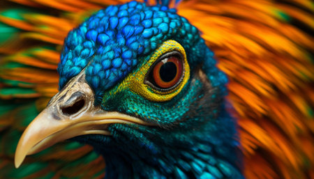 Majestic peacock, vibrant colors, elegant bird, beauty in nature generated by artificial intelligenceの素材