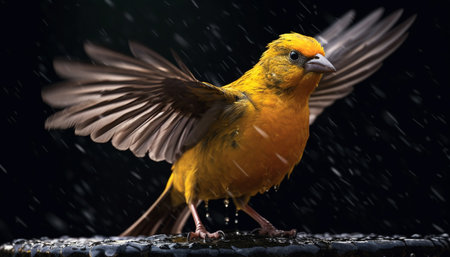 A cute small bird perching on a branch in the rain generated by artificial intelligenceの素材