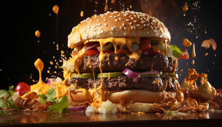 Grilled gourmet beef burger with melted cheddar cheese on sesame bun generated by artificial intelligenceの素材