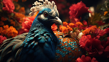 Peacock vibrant colors showcase nature beauty in an elegant pattern generated by artificial intelligenceの素材