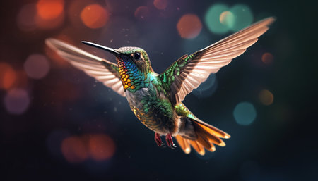 Hummingbird flying, nature beauty in vibrant colors, wings spread, hovering generated by artificial intelligenceの素材
