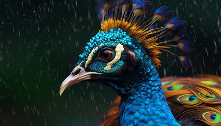 Majestic peacock displays vibrant colors in its elegant feather pattern generated by artificial intelligenceの素材