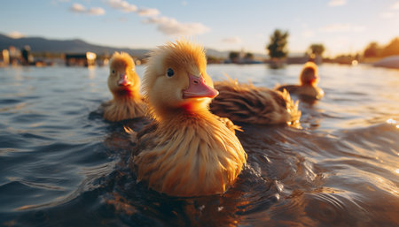 Cute duckling swimming in a tranquil pond at sunrise generated by artificial intelligenceの素材
