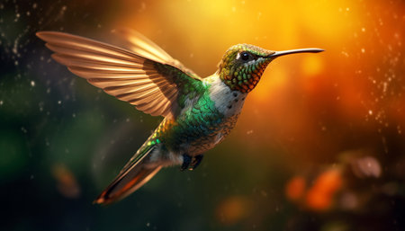 Hummingbird hovers, vibrant feathers spread, nature beauty in motion generated by artificial intelligenceの素材