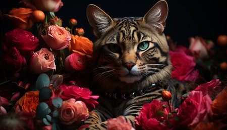 Cute kitten looking at camera, surrounded by beautiful flowers generated by artificial intelligenceの素材