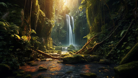 Tranquil scene of flowing water in tropical rainforest, nature beauty generated by artificial intelligenceの素材