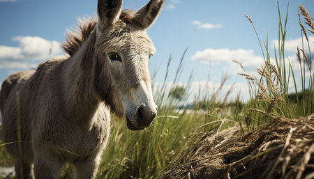Cute donkey grazing in a green meadow, surrounded by livestock generated by artificial intelligenceの素材