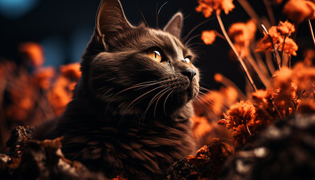 Cute kitten sitting on grass, looking with playful eyes generated by artificial intelligenceの素材