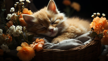 Cute kitten sleeping, surrounded by flowers, enjoying the summer sun generated by artificial intelligenceの素材