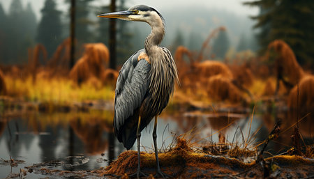 Egret perching on branch, reflecting in tranquil swamp water generated by artificial intelligenceの素材