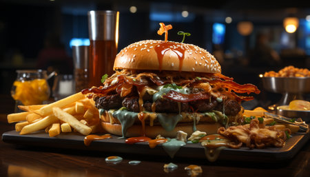 Grilled beef burger with fries, gourmet bread, and fresh vegetables generated by artificial intelligenceの素材