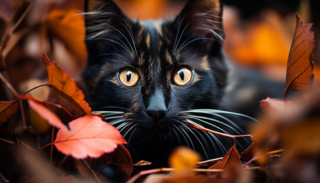 Cute kitten sitting in autumn forest, looking at camera playfully generated by artificial intelligenceの素材