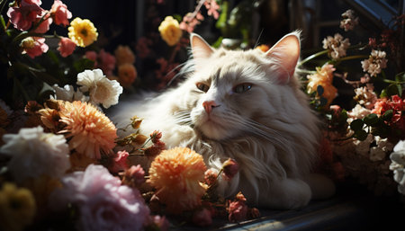 Cute kitten sitting on grass, looking at camera with playful eyes generated by artificial intelligenceの素材