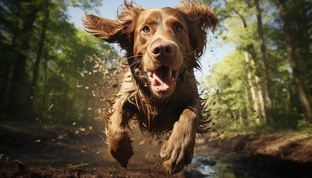 A cute wet puppy playing in the summer grass generated by artificial intelligenceの素材