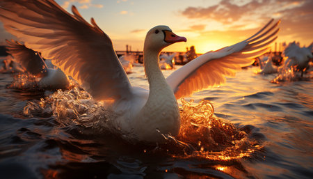 Swan flying over water, reflecting beauty in nature tranquil scene generated by artificial intelligenceの素材