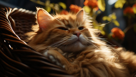 Cute domestic cat, playful and fluffy, sleeping in the grass generated by artificial intelligenceの素材