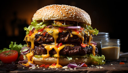 Grilled meat, gourmet burger, fresh tomato, melted cheddar, homemade sauce generated by artificial intelligenceの素材