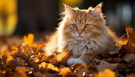 Cute kitten playing in autumn grass, nature beauty in focus generated by artificial intelligenceの素材