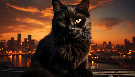 Cute kitten sitting, looking at cityscape, illuminated by sunset generated by artificial intelligenceの素材