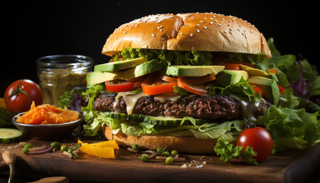 Grilled beef burger with cheese, tomato, and fresh vegetables generated by artificial intelligenceの素材