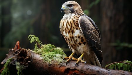 Majestic bird perching on branch, its beak focused on prey generated by artificial intelligenceの素材