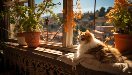 Cute kitten sitting on window chair, enjoying sunlight and nature generated by artificial intelligenceの素材