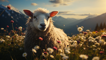 Cute lamb grazing on green meadow, surrounded by peaceful nature generated by artificial intelligenceの素材