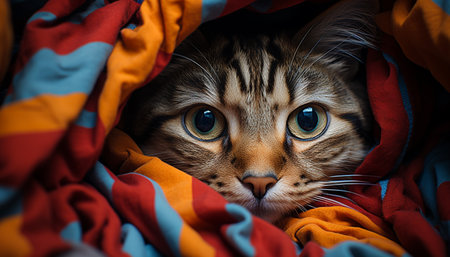 Cute kitten staring, fluffy fur, playful, sleeping on soft blanket generated by artificial intelligenceの素材