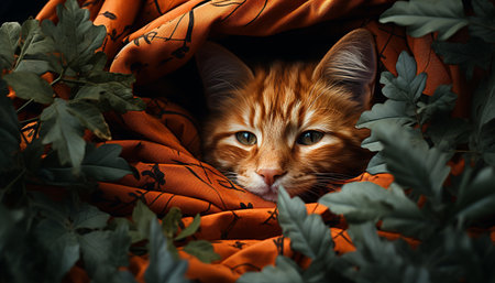 A cute kitten hiding in autumn leaves, looking at camera generated by artificial intelligenceの素材