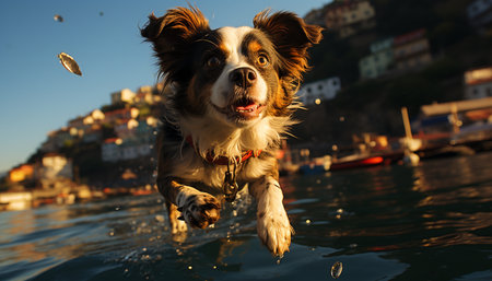 A cute, wet puppy playing in the water, pure joy generated by artificial intelligenceの素材