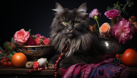Cute kitten sitting on table, surrounded by flowers and nature generated by artificial intelligenceの素材